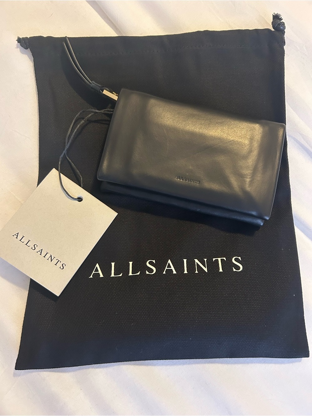 All Saints Black Leather Foldover Wallet with Wrist Strap NWT and storage pouch